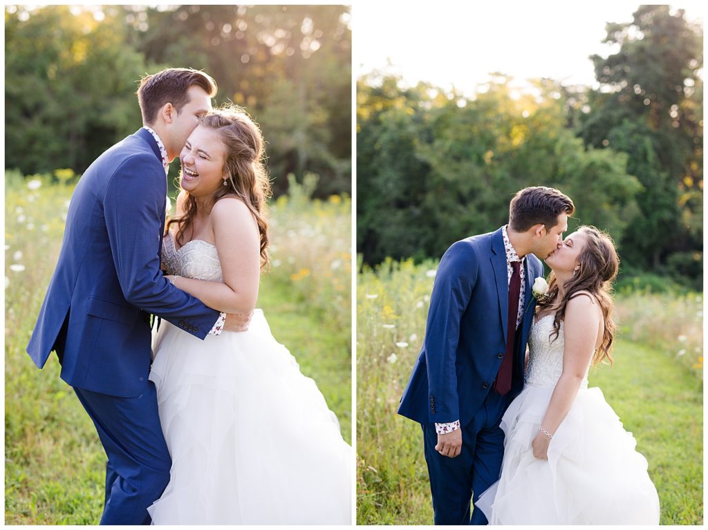 bride laughing as groom whispers in her ear in field at golden hour at cedar grove lodge