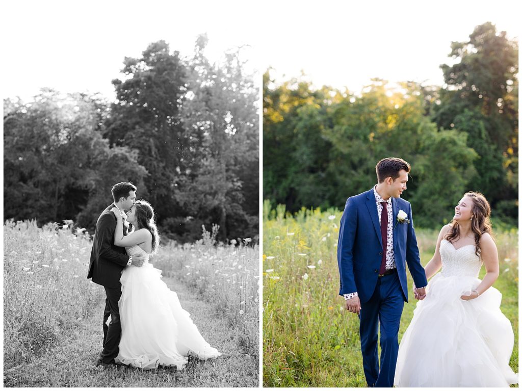 black and white image of groom kissing bride's forehead in field at cedar grove lodge