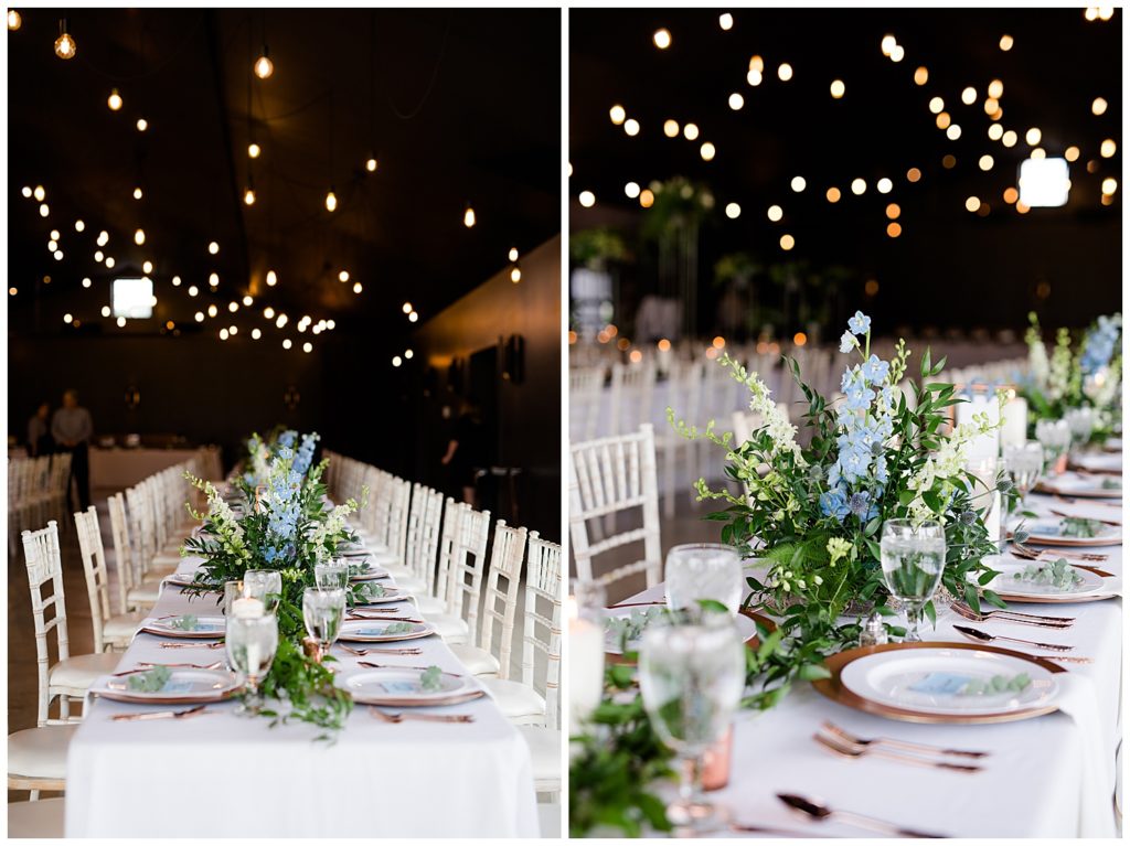 garland and floral centerpieces on long tables at jorgensen farms oak grove