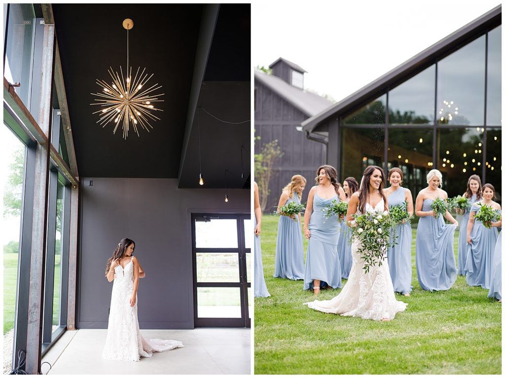 A picture of a bride standing in her beautiful wedding dress in the reception hall, and a view of the bride and bridesmaids smiling casually with their bouquets at the Oak Grove wedding venue by Columbus wedding photographer, Alayna Parker Photography