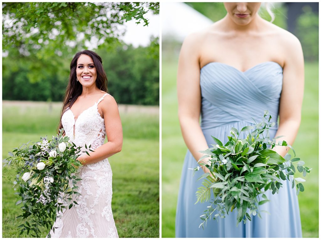 A photograph of the bride smiling with her bouquet, and a view of a bridesmaid with her bouquets at the Oak Grove wedding venue by Columbus OH wedding photographer, Alayna Parker Photography