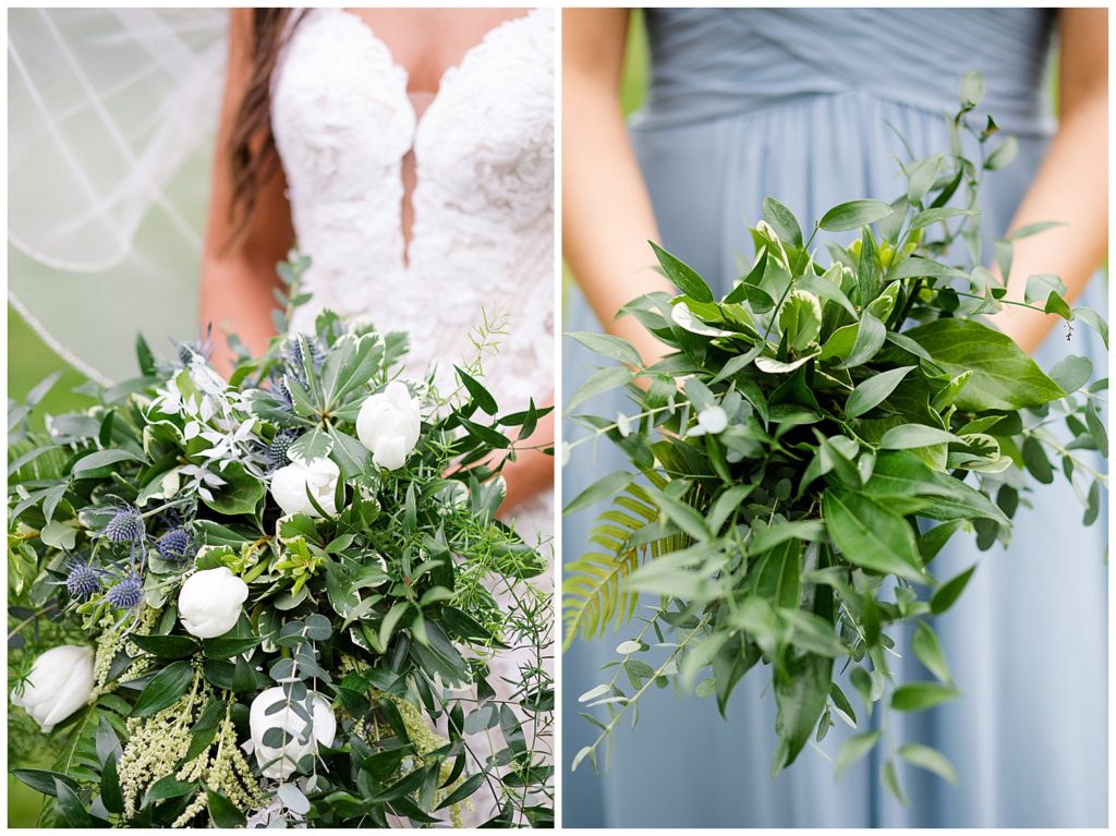 A picture of a closeup view of the bride's bouquet, and a closeup of the bridesmaid's bouquet at the Oak Grove venue in New Albany, Ohio by Columbus wedding photographer, Alayna Parker Photography
