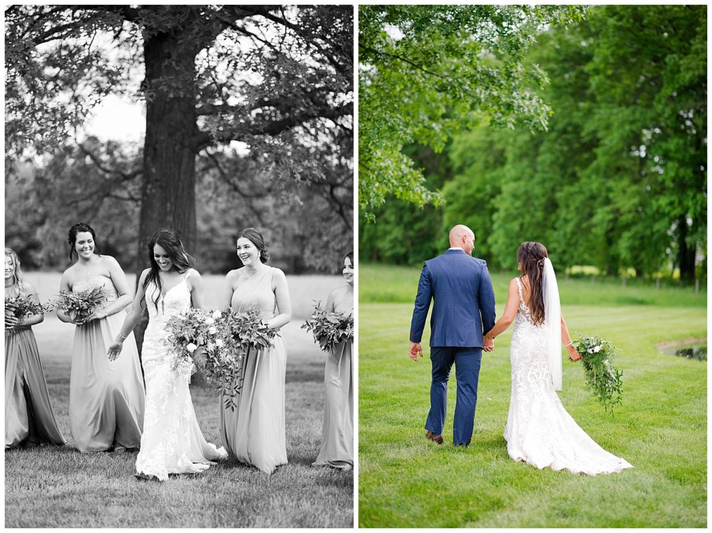 An image in black and white of the bride and her bridesmaids smiling together, and a view from behind of the bride and groom holding hands as they walk outdoors at the Oak Grove wedding venue by Columbus Ohio wedding photographer, Alayna Parker Photography
