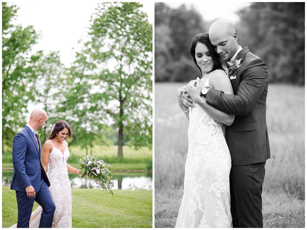 An image of the bride and groom smiling as they walk together outdoors, and a black and white view of the bride and groom romantically embracing at an Jorgensen farms Oak Grove wedding venue by Columbus Ohio wedding photographer, Alayna Parker Photography