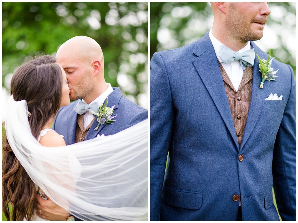 A photograph of the bride and groom kissing as the veil blows across their shoulders, and a closeup view of the groom's tuxedo and vest outfit at an Jorgensen farms Oak Grove wedding venue by Columbus OH wedding photographer, Alayna Parker Photography