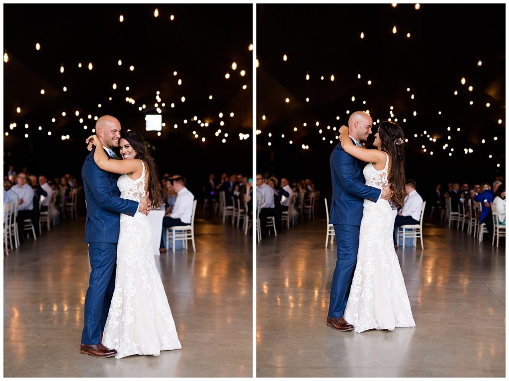 A picture of the bride and groom smiling and enjoying their first dance at the wedding reception, and another view of them gazing tenderly at each other while they dance at an Jorgensen farms Oak Grove wedding venue by Columbus wedding photographer, Alayna Parker Photography