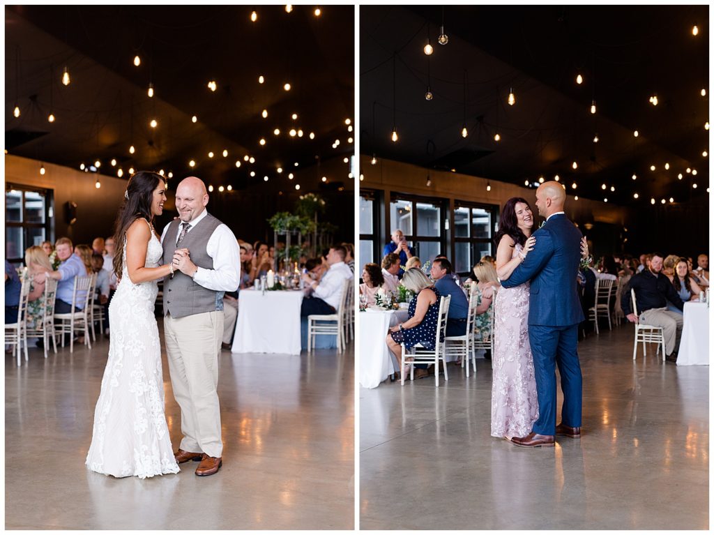 bride and stepfather and groom and mother dance at jorgensen farms oak grove