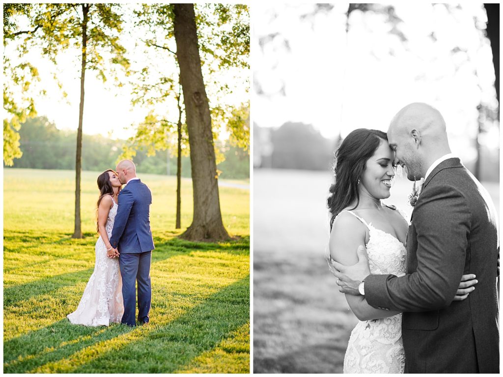 black and white image of bride and groom touching foreheads and smiling at jorgensen farms oak grove