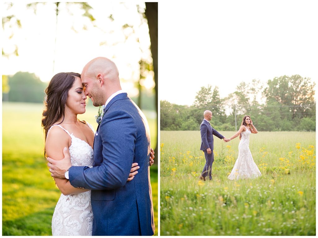 bride and groom closing eyes and touching foreheads during golden hour at jorgensen farms oak grove