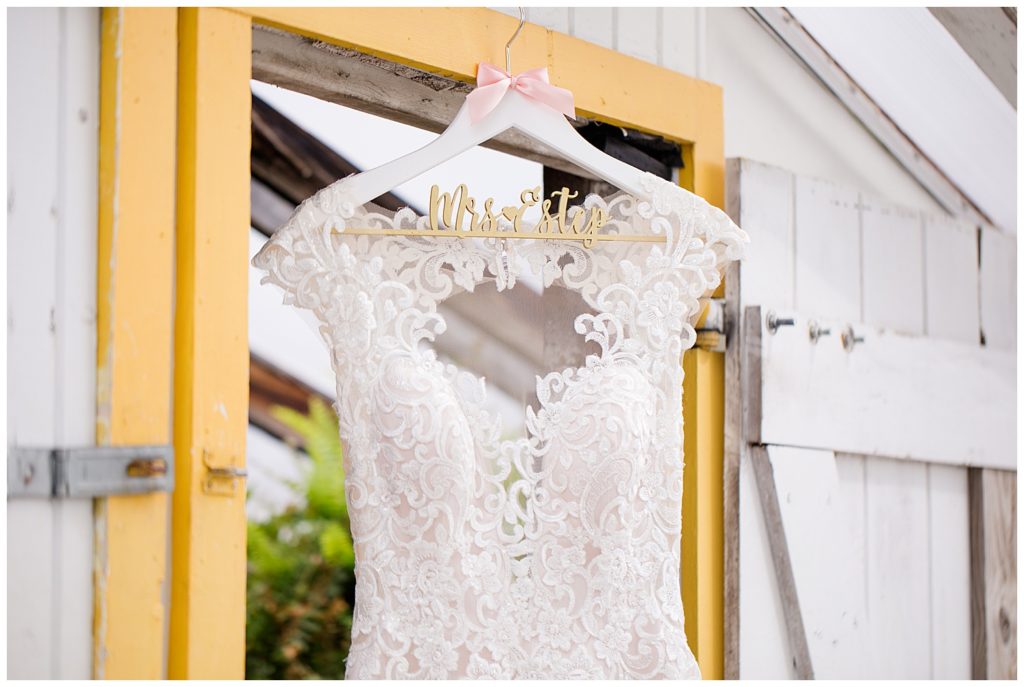 lace dress hanging on greenhouse at jorgensen farms