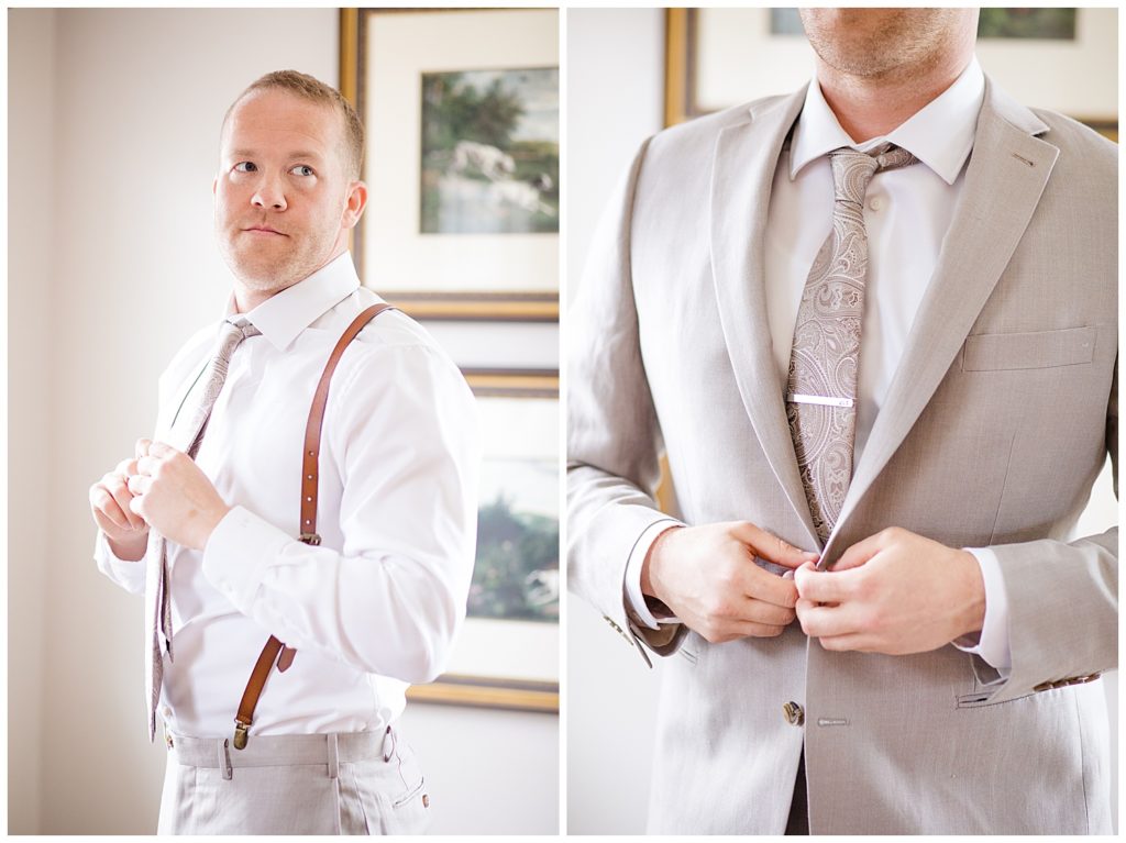 groom wearing leather suspenders and light suit