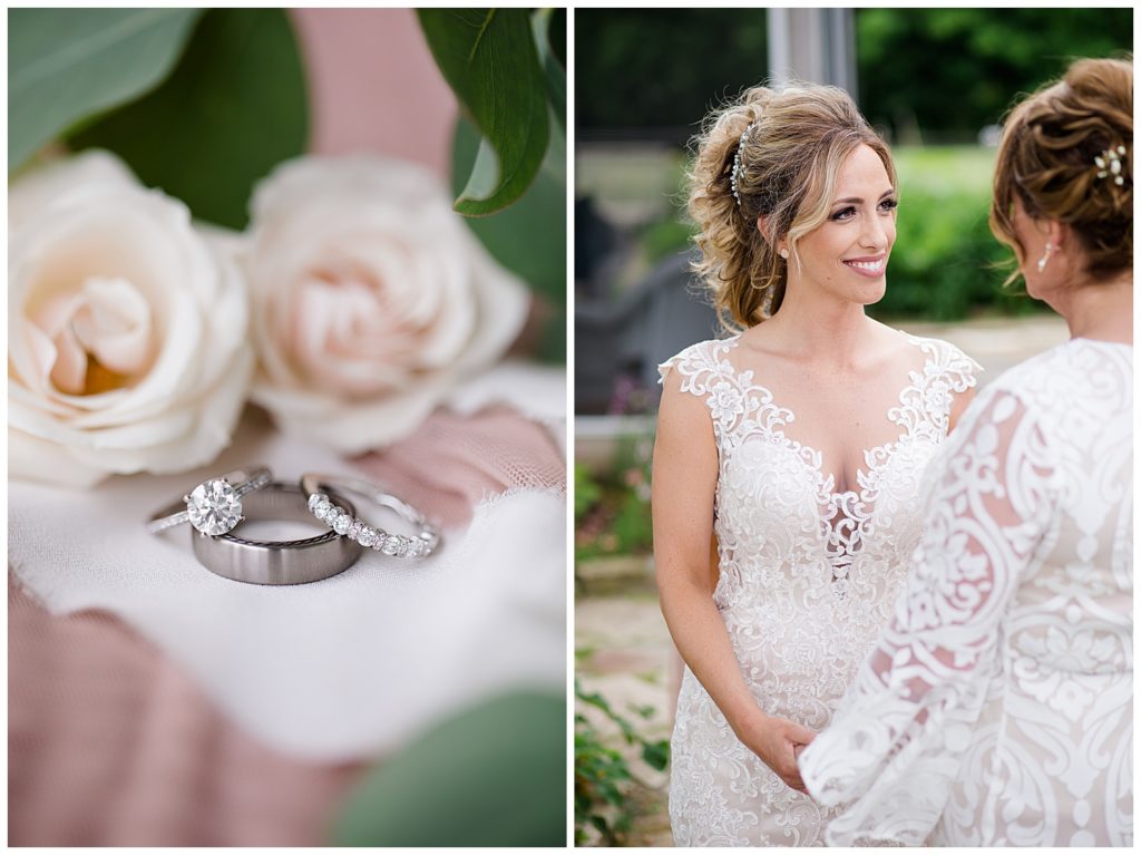 wedding ring set sitting in front of light pink roses