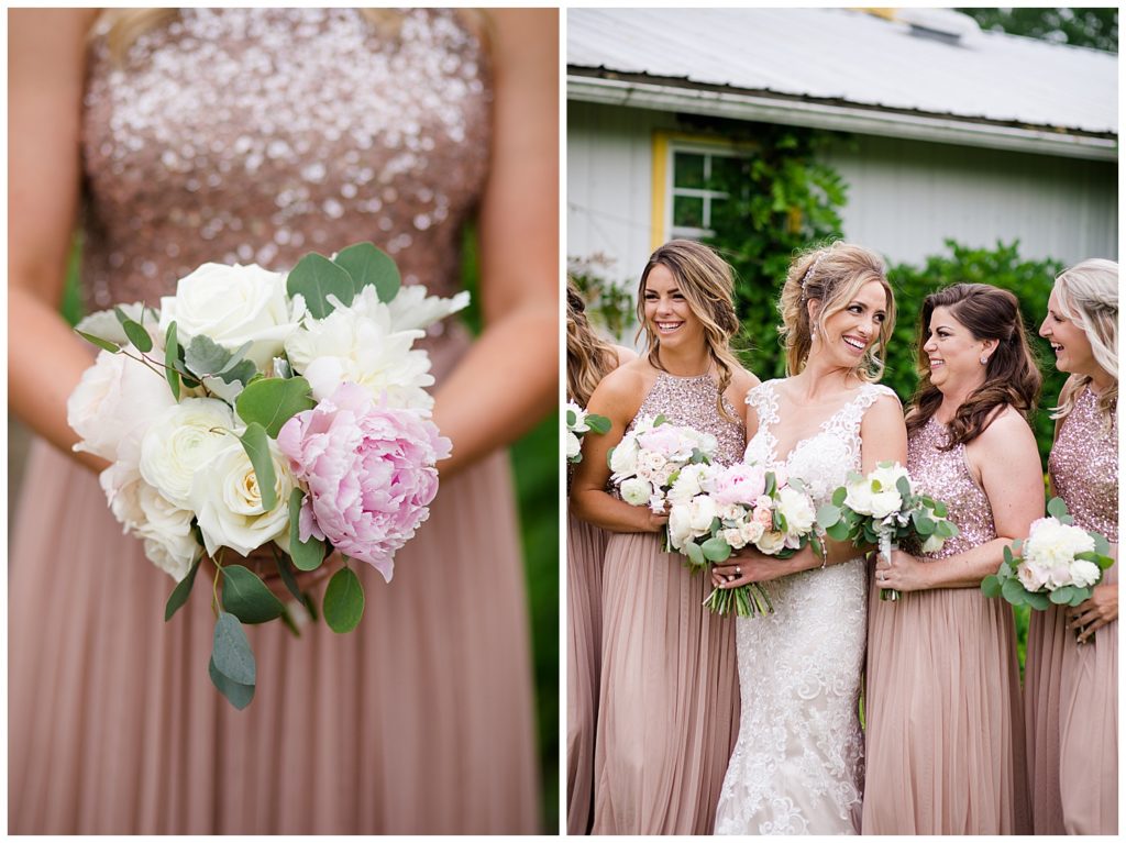 bridesmaid holding white, green, and pink bouquet