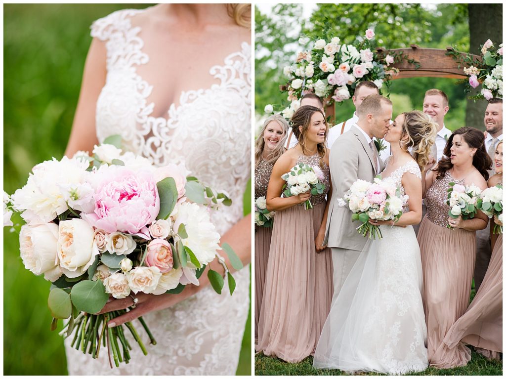 bride holding bouquet of white and pink flowers