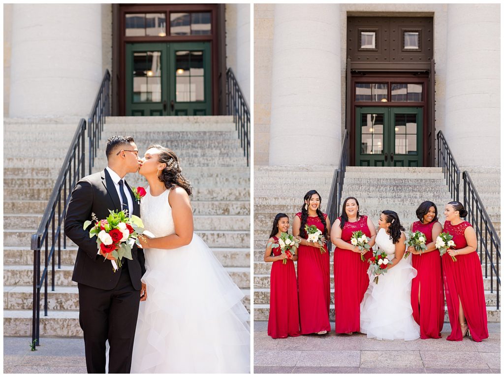 bride and groom kiss in front of steps at ohio statehouse