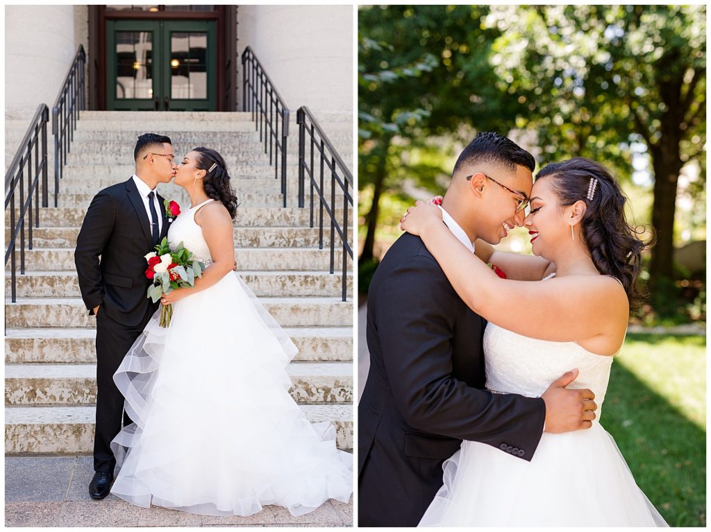 bride with arms around groom at ohio statehouse