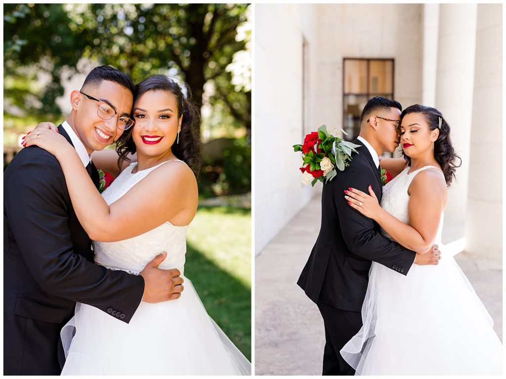 bride and groom smiling at camera and hugging at ohio statehouse