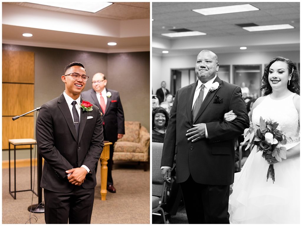 groom seeing bride as she walks down the aisle at kingdom hall