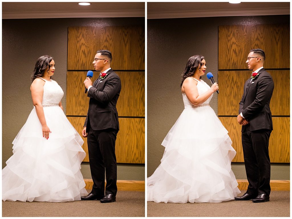 bride and groom share vows at kingdom hall