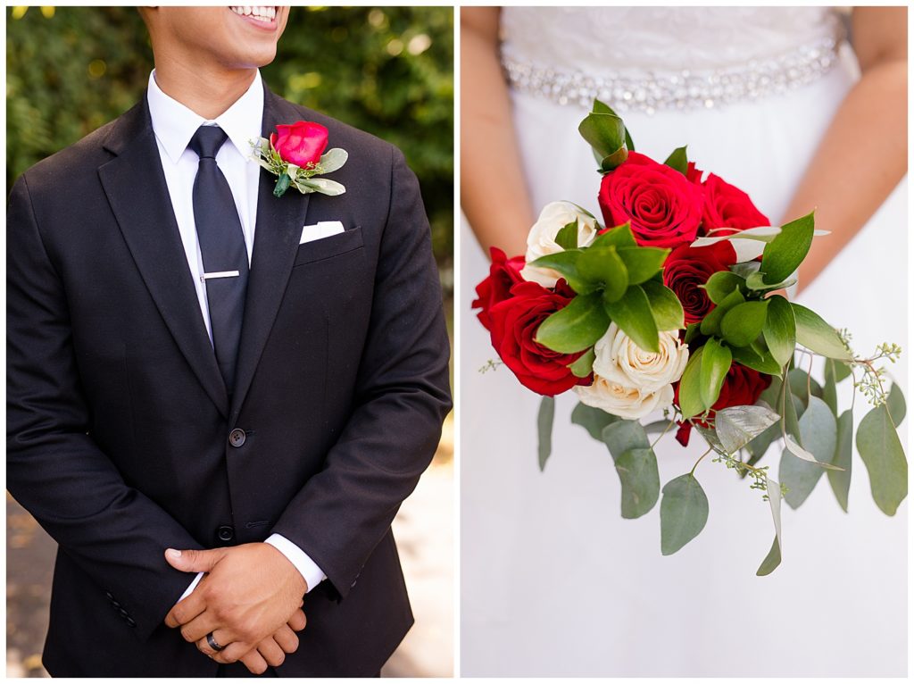 close up of bride holding bouquet of white roses, red roses, and greenery