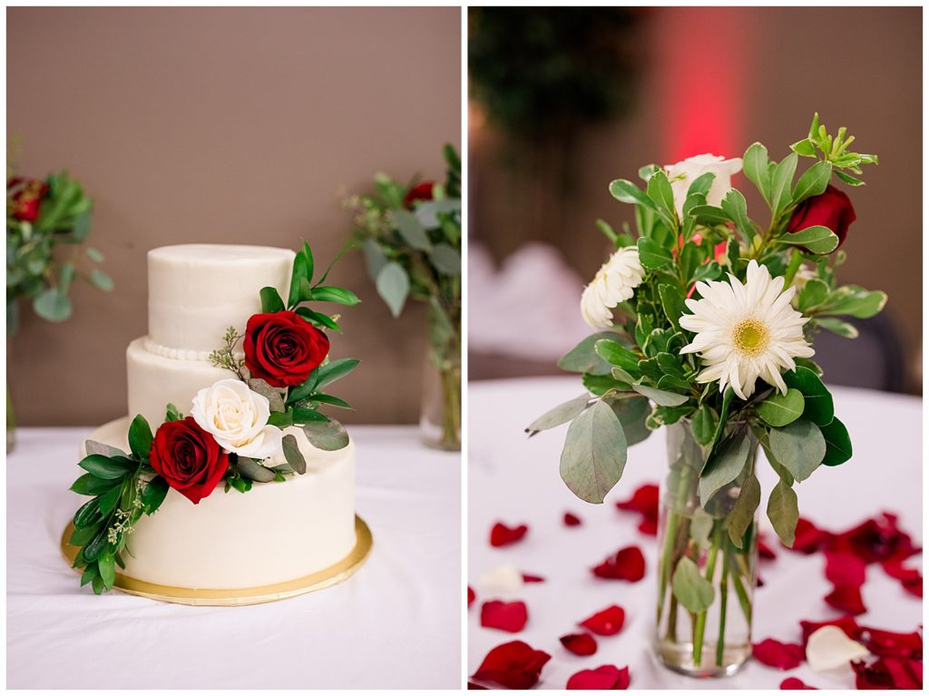 small 3 tiered white wedding cake with red and white roses