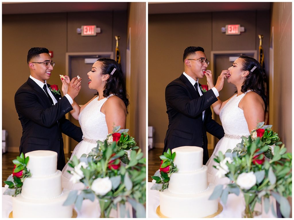 bride and groom feeding each other cake at stewart hall in obetz