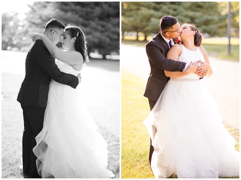 black and white image of bride and groom touching foreheads during golden hour at stewart hall in obetz