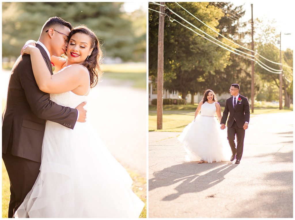bride and groom walking in street during golden hour at stewart hall in obetz