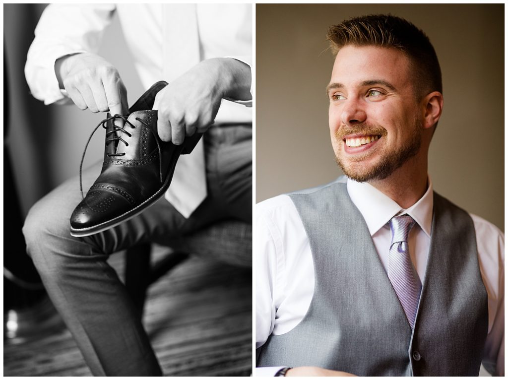 black and white image of groom putting on shoes