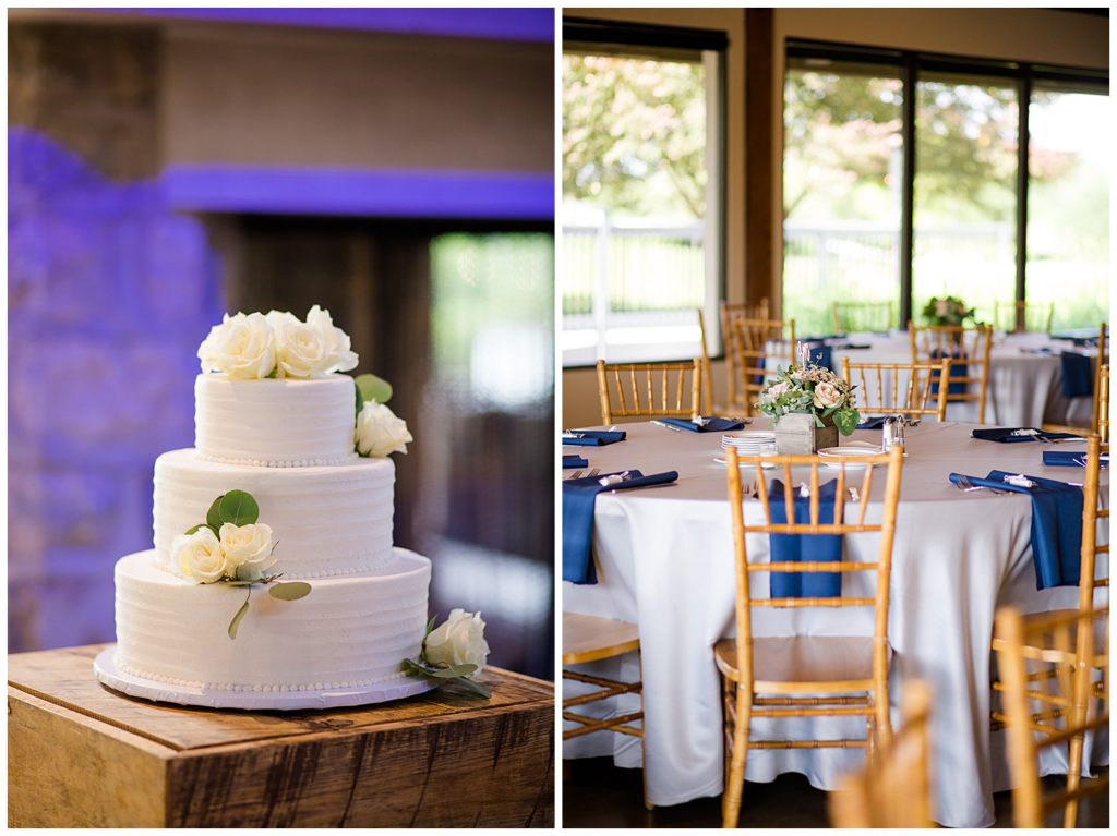 3 tier wedding white wedding cake with white roses on top at watersedge in hilliard
