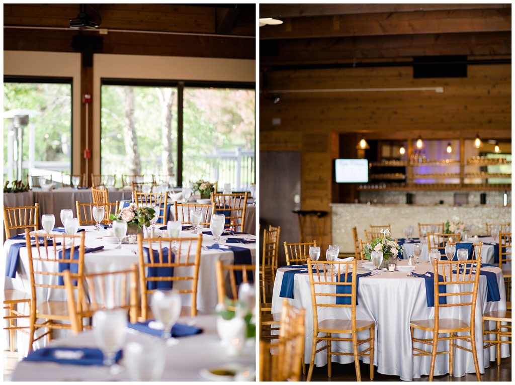white table cloths with blue napkins and floral centerpieces at watersedge in hilliard