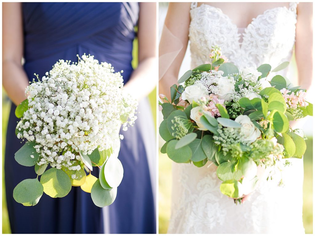 bridesmaid holding bouquet of baby's breath and eucalyptus