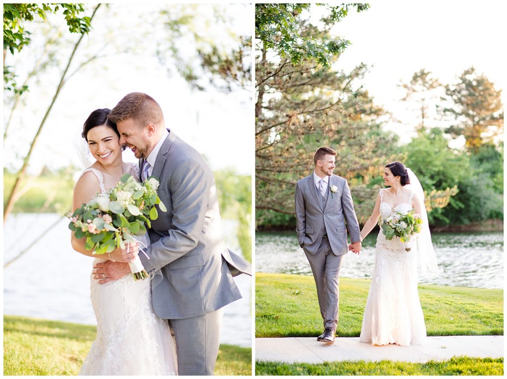 bride and groom laughing as they embrace at watersedge in hilliard