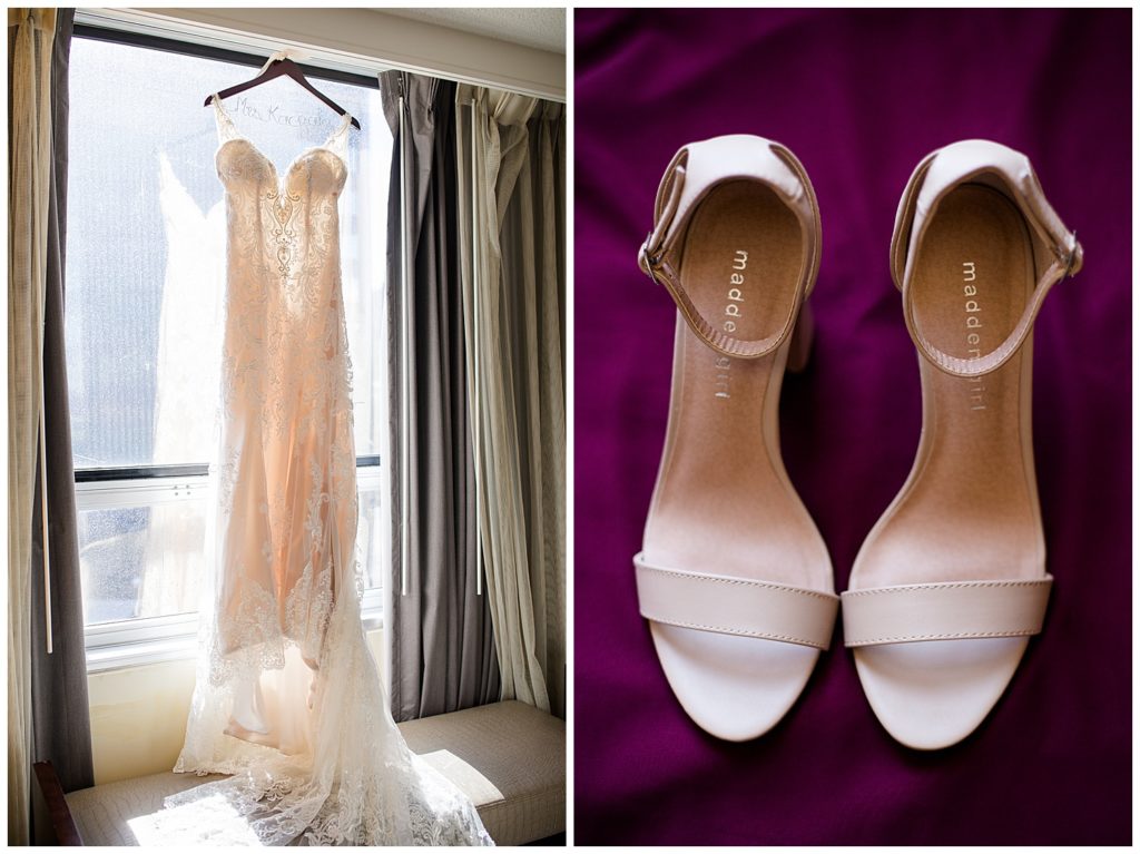 A picture of a bride's wedding gown hanging in front of a window and her shoes nearby ready to put on for the wedding by Columbus wedding photographer, Alayna Parker Photography