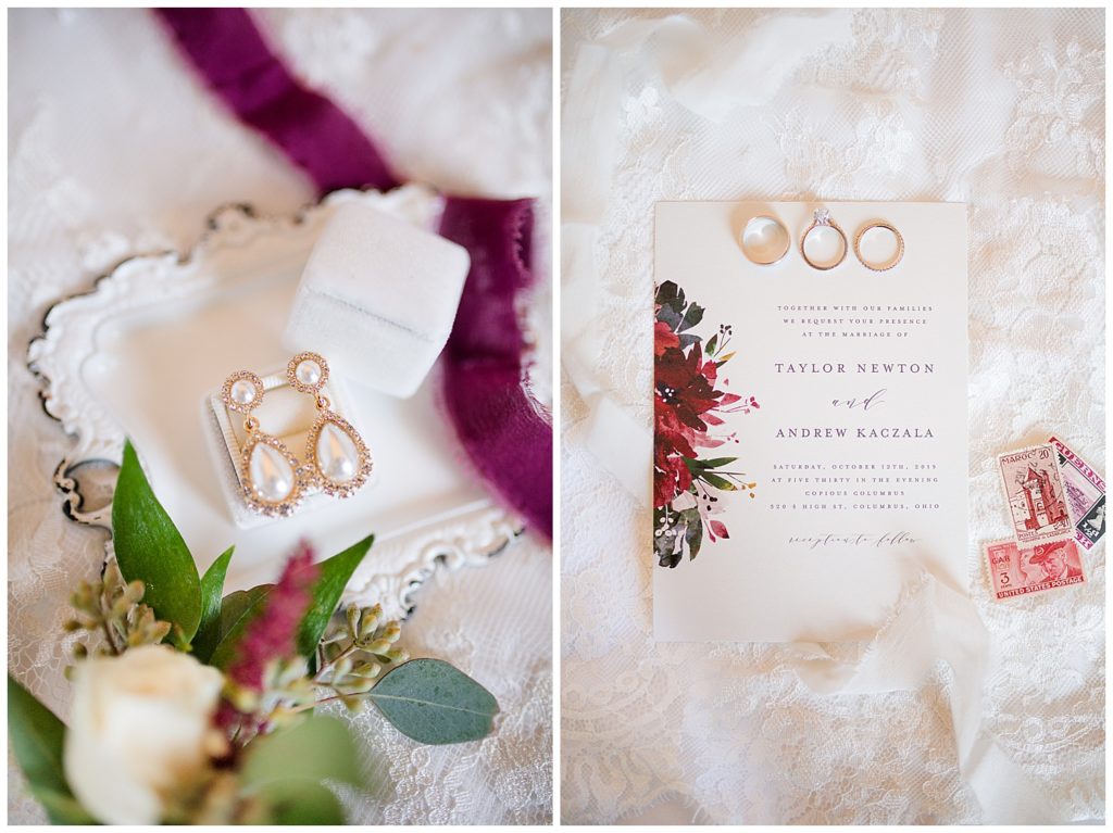 A photograph of a closeup of a bride's hair accessory resting on a background of her wedding dress by Columbus OH wedding photographer, Alayna Parker Photography