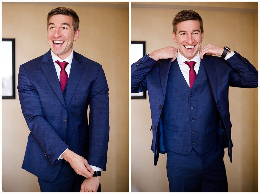 An image of a happy groom adjusting his tuxedo jacket, getting ready for his wedding by Columbus Ohio wedding photographer, Alayna Parker Photography