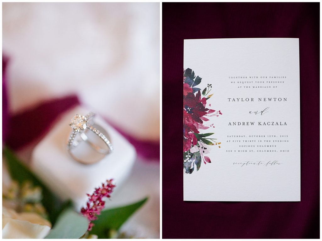 A picture of a closeup detailed view of the bride's wedding rings and wedding invitation by Columbus wedding photographer, Alayna Parker Photography