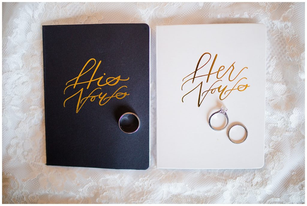 An image of a closeup of the bride and groom's wedding rings resting on their printed wedding vows by Columbus Ohio wedding photographer, Alayna Parker Photography