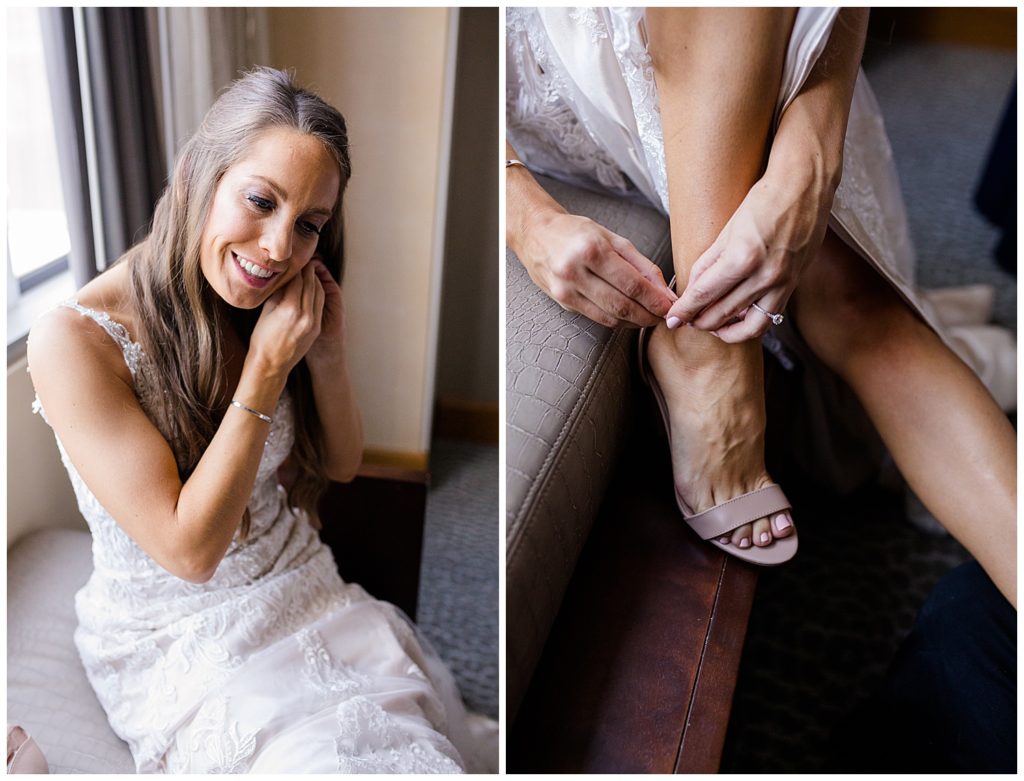 bride buckling shoes at renaissance hotel