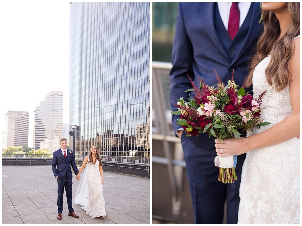 bride and groom laughing as they walk on rooftop at renaissance hotel