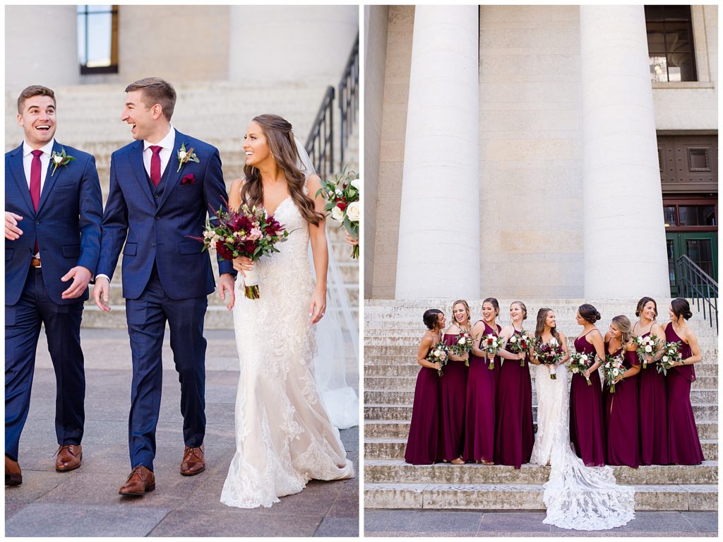 bridesmaids laughing at each other outside ohio statehouse