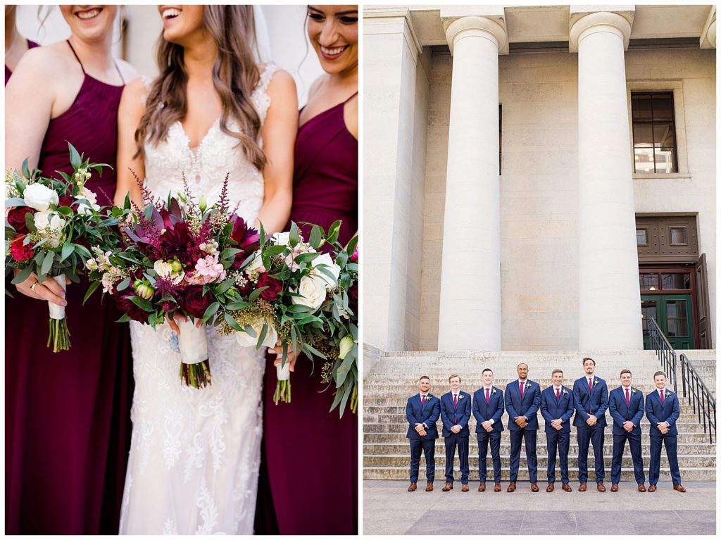 close up of bride and bridesmaids laughing while they hold bouquets