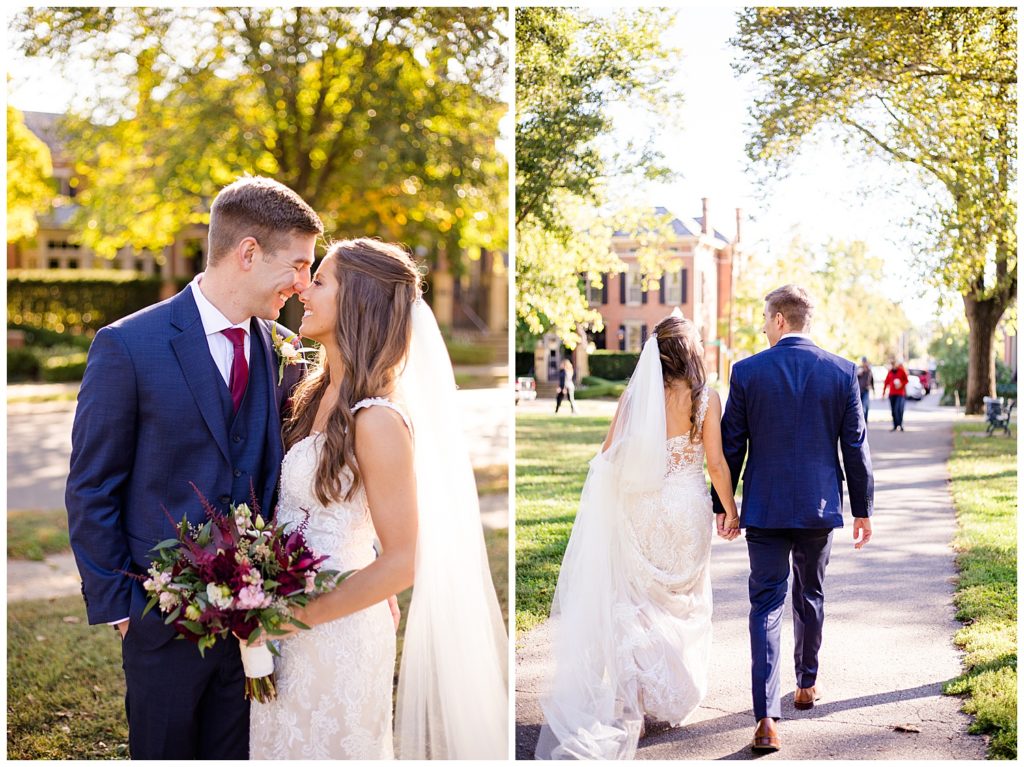 bride and groom walking at schiller park in german village