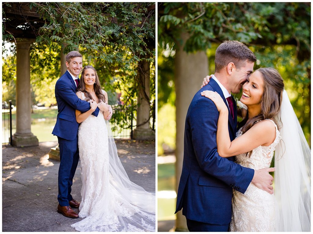 bride laughing while groom nuzzles into her at schiller park in german village