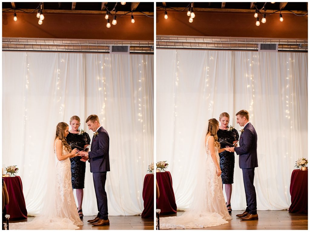 bride and groom exchanging rings at copius