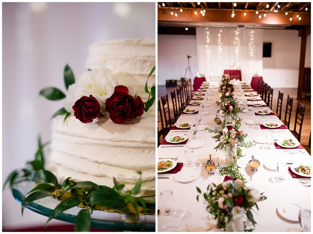 white wedding cake with burgundy and white flowers and greenery at copius