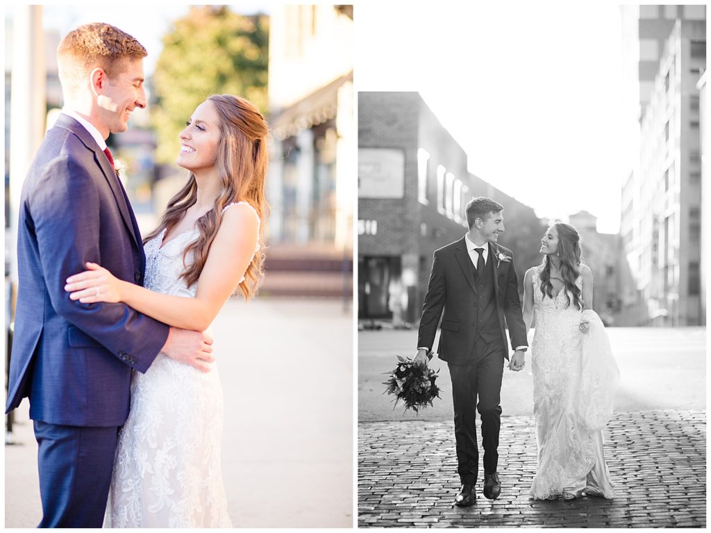 black and white image of bride and groom walking in alley in downtown columbus