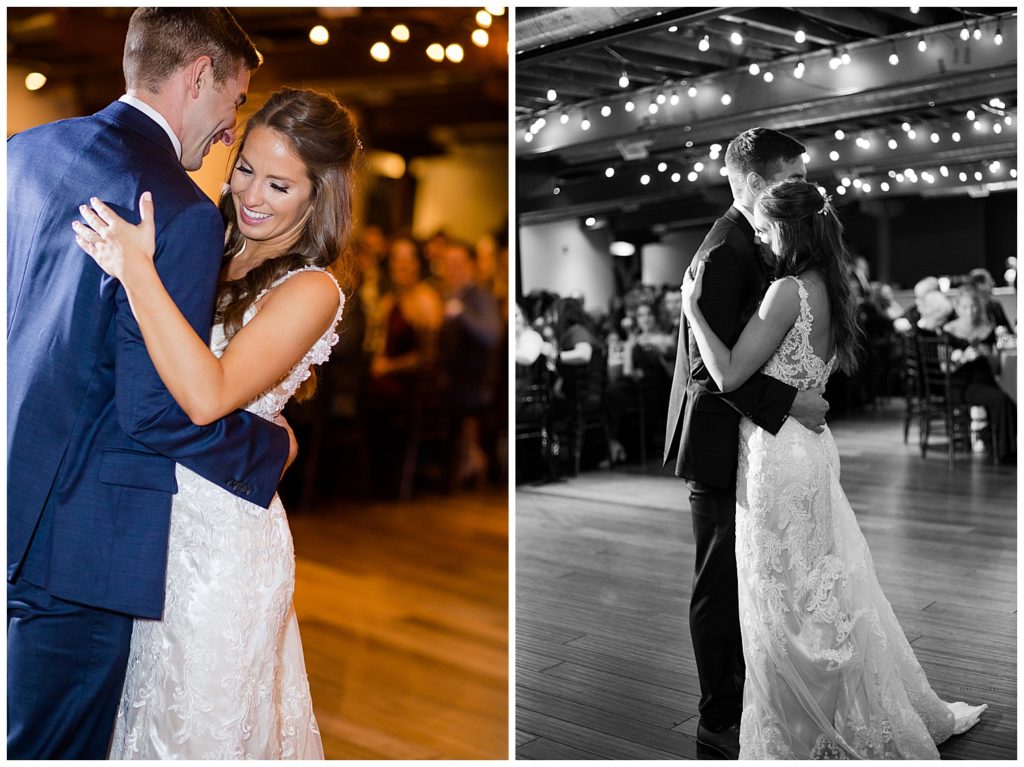 black and white image of bride laying head on groom's shoulder during first dance
