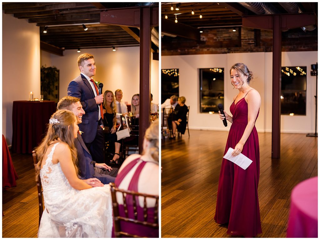 best man and maid of honor giving speeches at copius