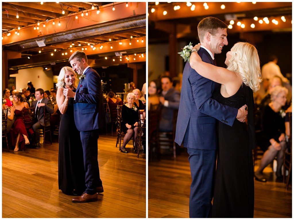 mother and groom share dance at copius